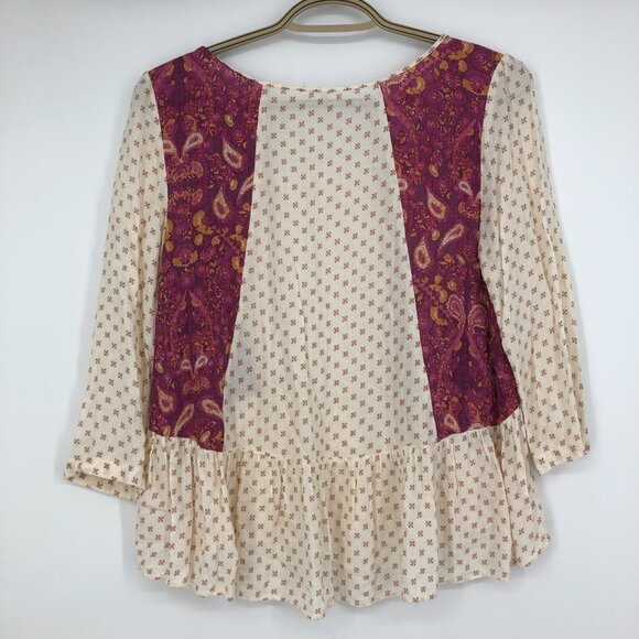 Free People Cream & Burgundy Gauzy Floral Boho Peplum Top size XS - Picture 4 of 14